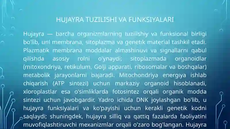 Tiriklik belgilari. Hujayraning oziqlanishi, rivojlanishi va ko'payishi. 4