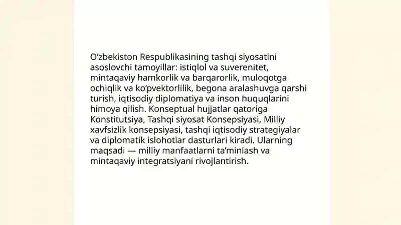Ôzbekiston Respublikasi tashqi siyosiy faoliyatining shakillanishi va uning ustuvor yônalishlari 4