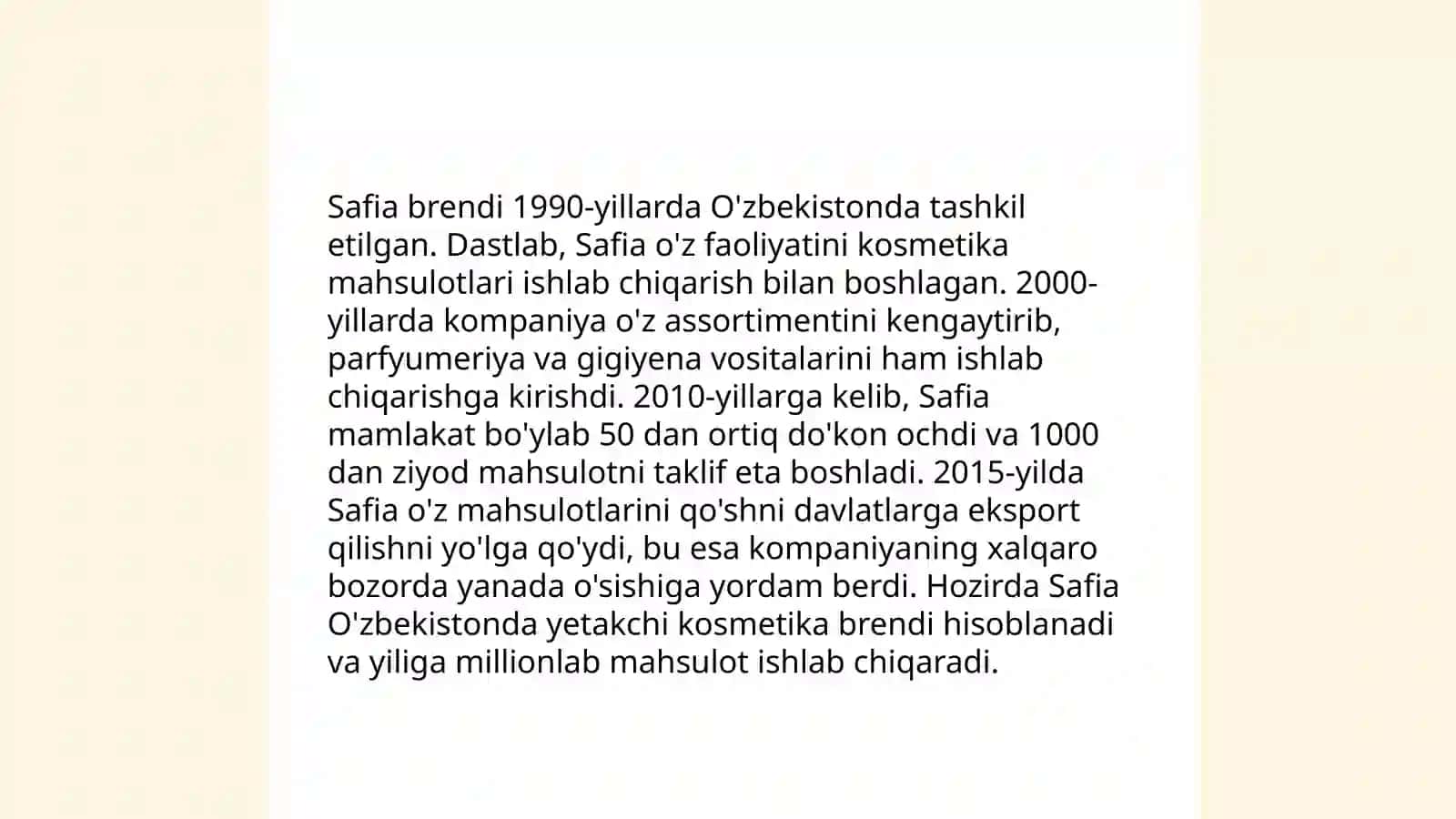 Safia konditerlik biznesining faoliyati va kelib chiqishi 4