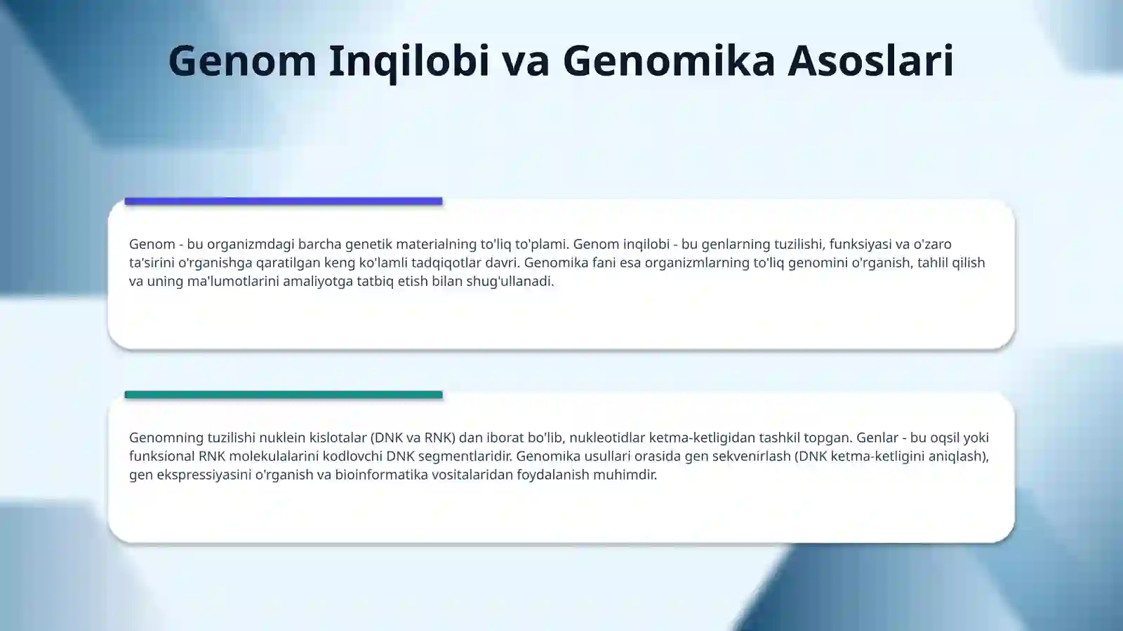 Rekombinant DNK texnologiyasi,genom revolutsiyasi, genomika asoslari.Gen ontologiyasi predmeti, maqsadi vazifalari.Genomika fanidagi yutuqlar.Gen xromosoma mutatsiyalari. 4