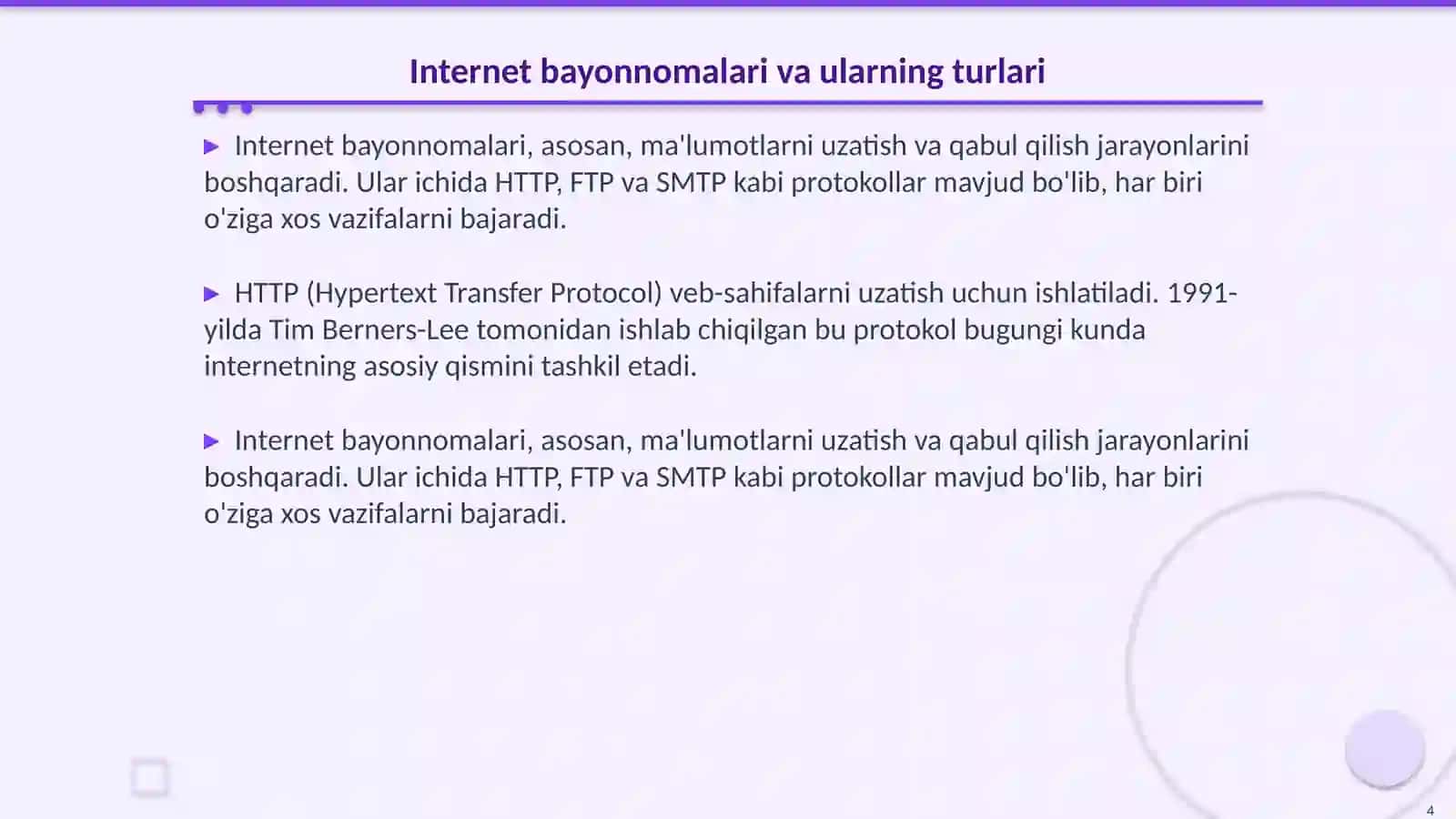 Tarmoq texnologiyalari. Internet bayonnomalari. Intemetda xabar almashish va soʻzlashuv xizmatlari 4