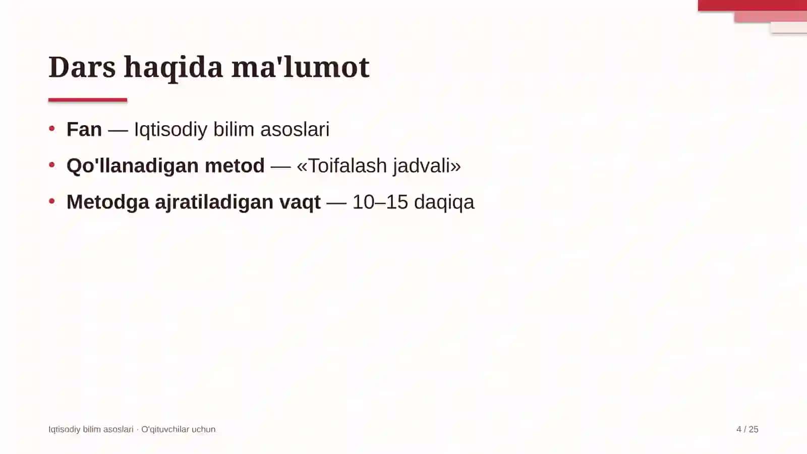 iqtisodiy bilim asoslari darslarida toifalash jadvali metodidan foydalanish 7323 4