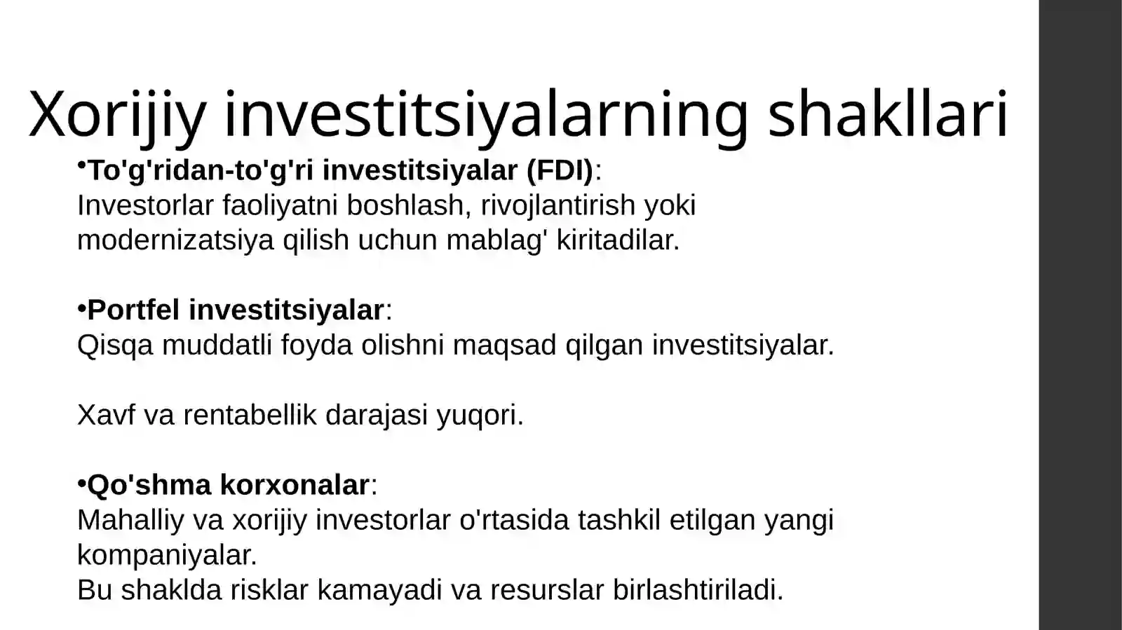 Xorijiy investitsiyalar: Xorijiy investitsiyalarning shakl va turlari 4