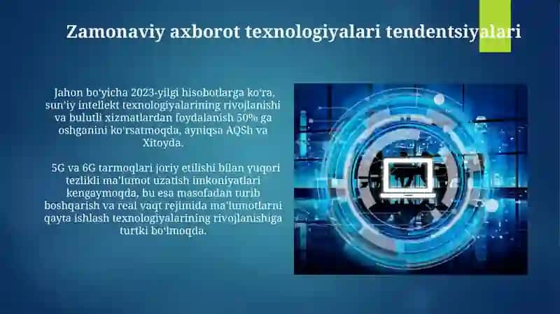 Axborot texnologiyalari tushunchasi, uni jamlash, uzatish va qayta ishlashning usul va vositalari 4
