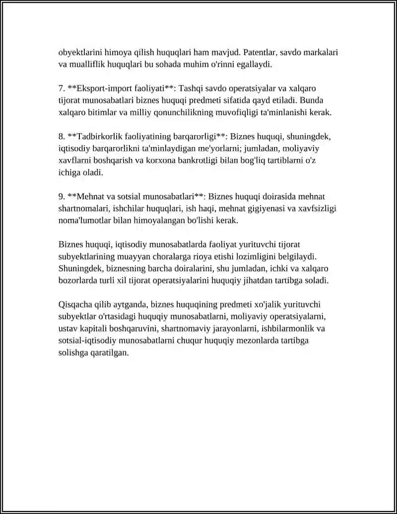 BIZNES HUQUQINIG PREDMETI, USLUBLARI VA PRINSIPLARI 4