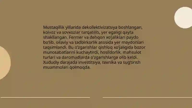 Mustaqillik yillarida qishloq xo‘jaligi va sanoat sohasidagi o‘zgarishlar 4