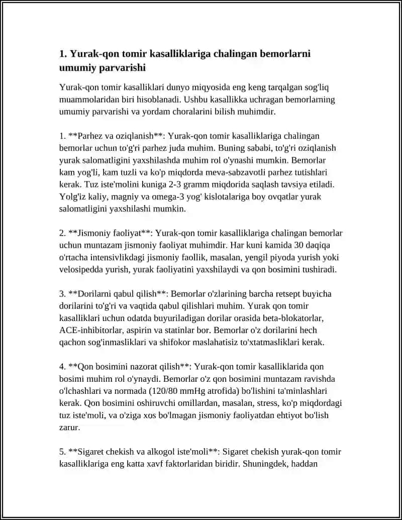 YURAK QON TOMIR TIZIMI KASALLIKLARI BILAN KASALLANGAN BEMORLARNI PARVARISHI VA ULARNI NAZORATI 4