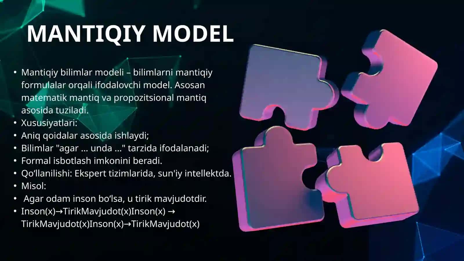 BILIMLAR TIZIMI, BILIMLARNI TASVIRLASH MODELLARI: MANTIQIY, TO‘RLI, FREYMLI, PRODUKSION; OID ISHLARNI KOMPYUTERDA LOYIHALASH 4