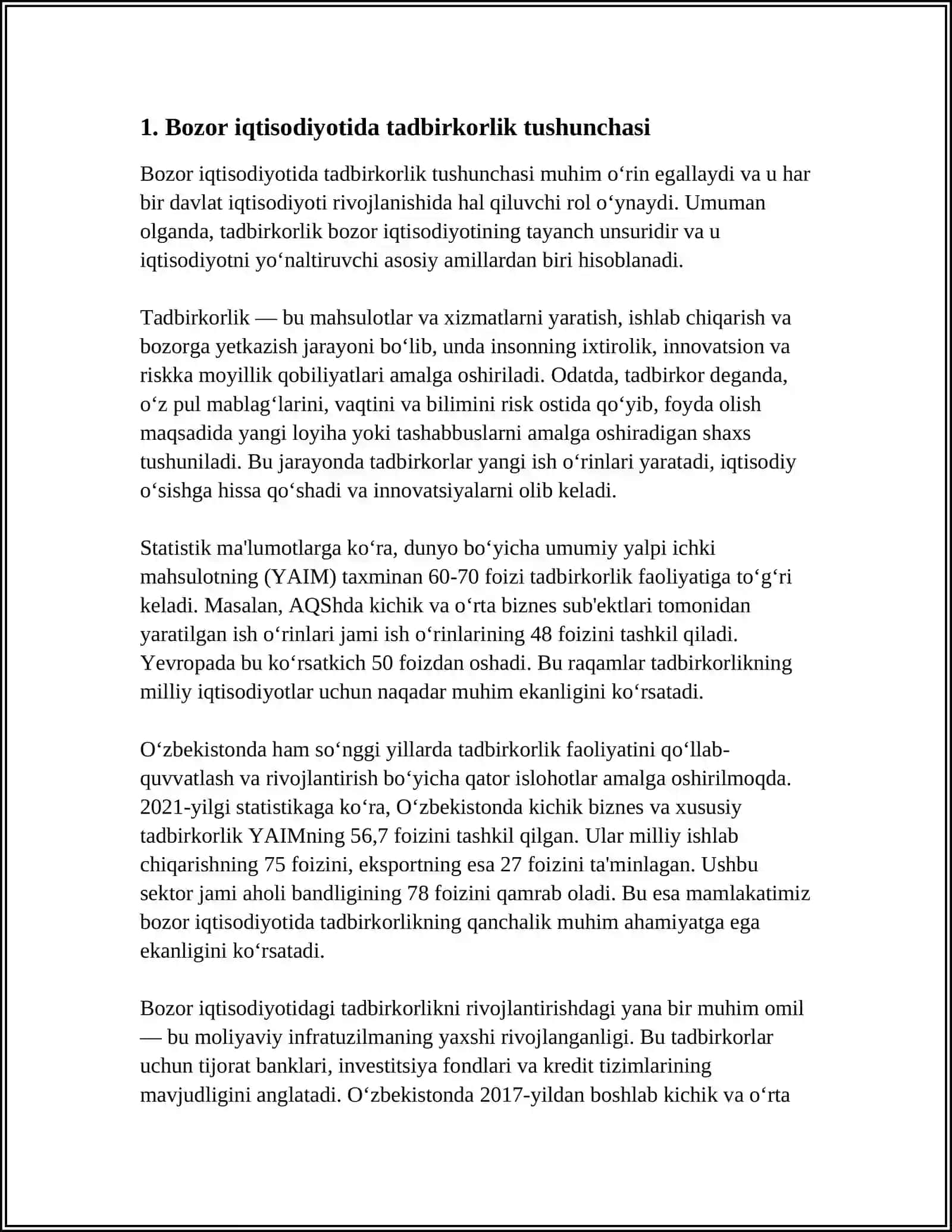 BOZOR IQTISODIYOTIDA TADBIRKORLIK FAOLIYATINING MAZMUNI VAZIFALARI VA RIVOJLANISH SHART-SHAROIT 4