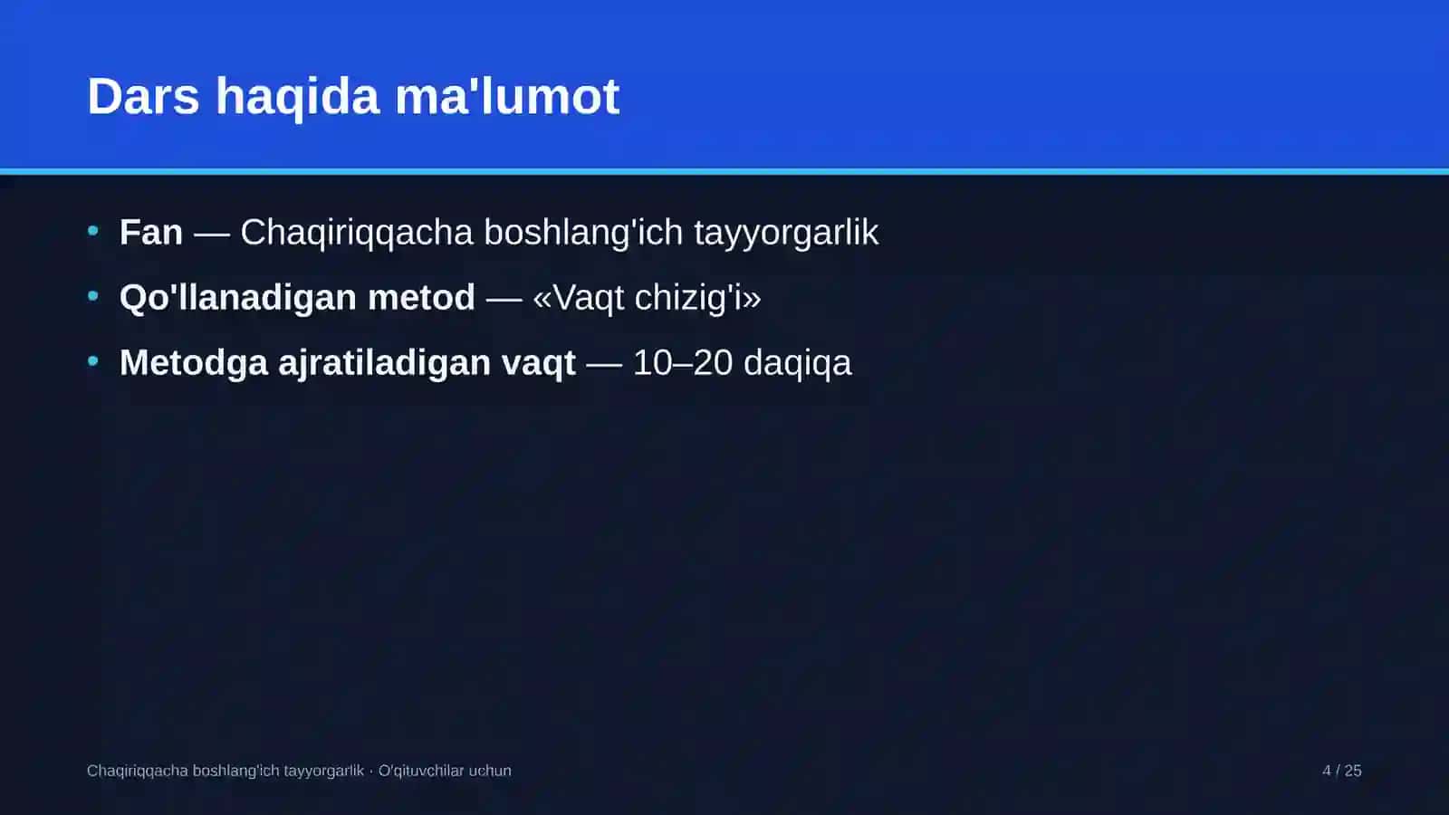 chaqiriqqacha boshlang'ich tayyorgarlik darslarida vaqt chizig'i metodidan foydalanish 7072 4