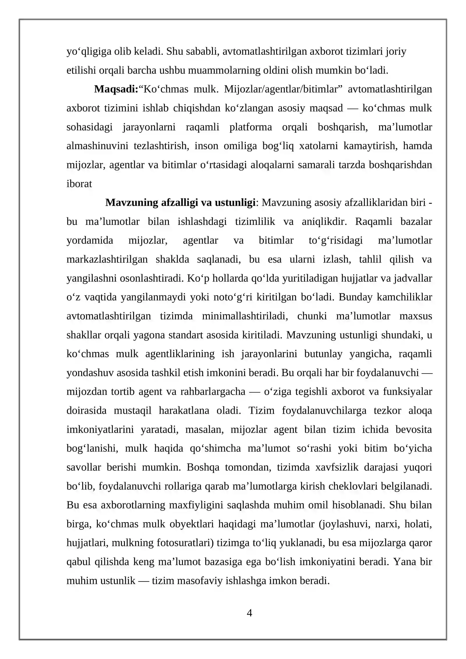 “Ko’chmas mulk. Mijozlar/agentlar/bitimlar” avtomatlashtirilgan axborot tizimini ishlab chiqish 4