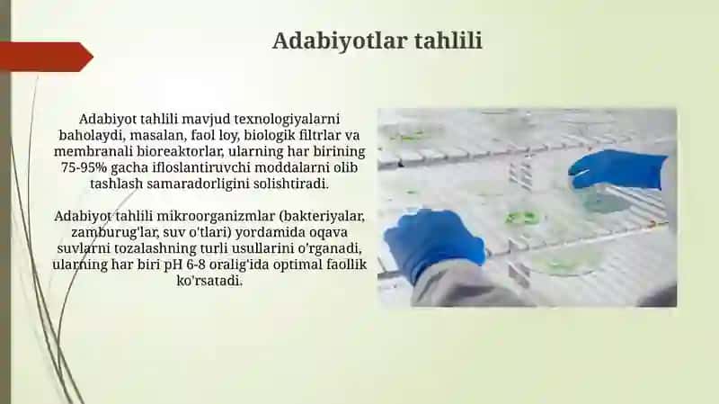 Chiqindi suvlarni mikroorganizmlar yordamida tozalash boʻyicha labaratoriya tajribasi 4