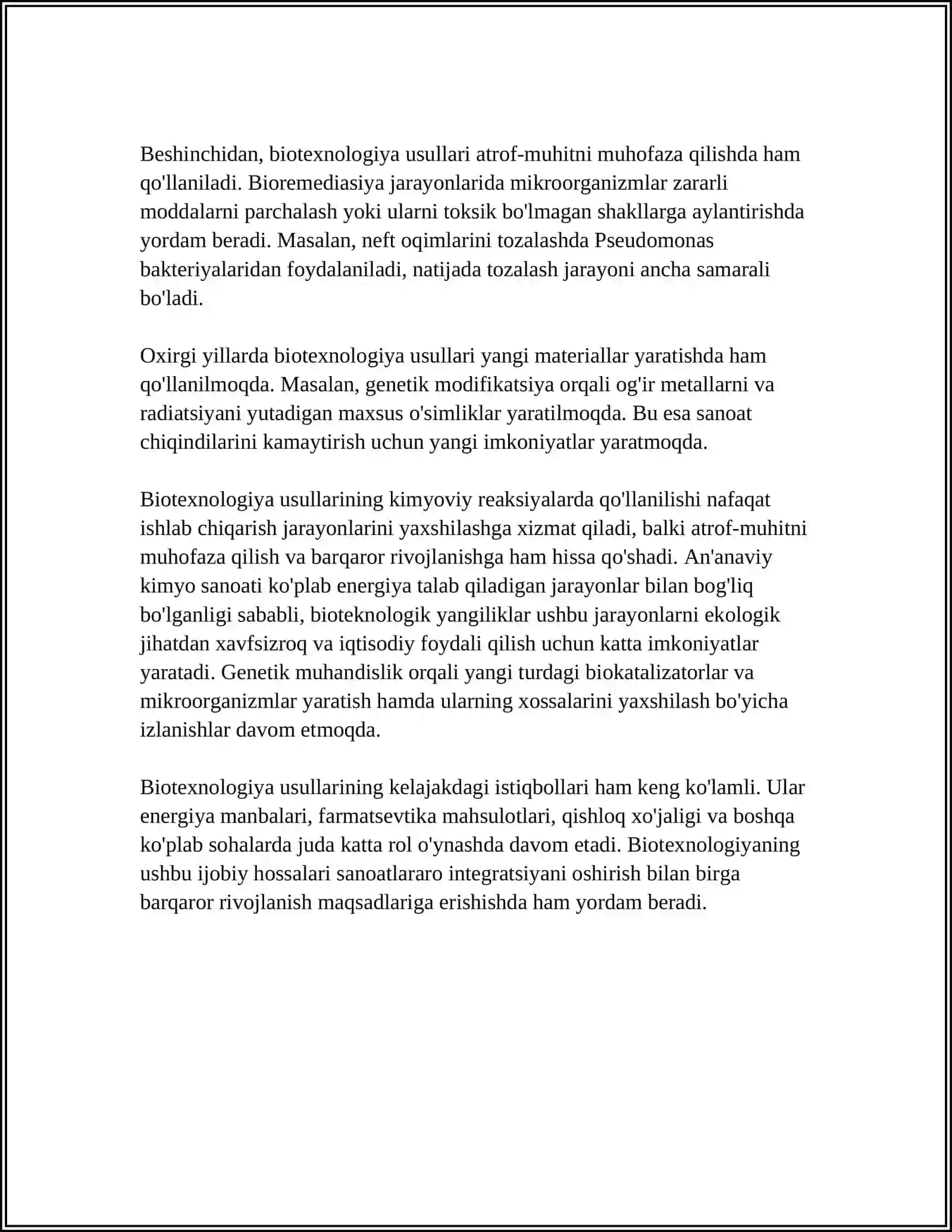 MUSTAQIL ISH Mavzu: BIOTEXNOLOGIYA USULLARINI KIMYOVIY REAKSIYALARDA QO‘LLASH 4