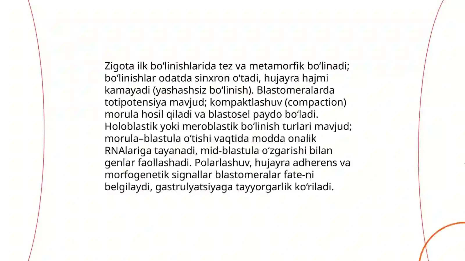 Proembrional rivojlanishining umumiy qonuniyatlari (progenez) Embrional rivojlanishning umumiy qonuniyatlari (Embriofenez) 4
