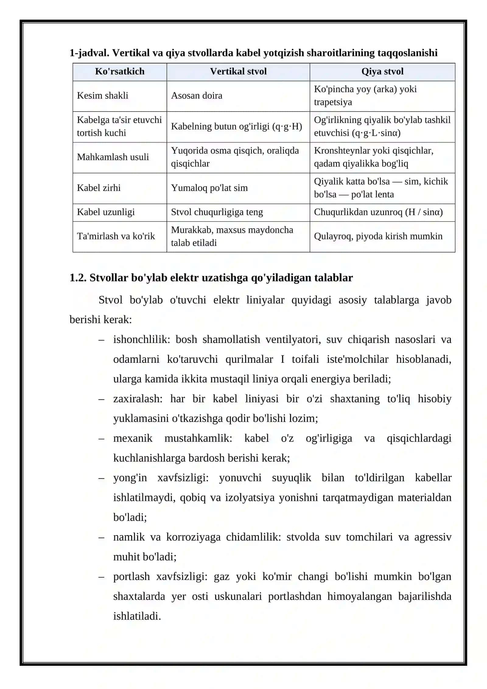 VERTIKAL VA QIYA SHAXTA STVOLLARI BO'YLAB ELEKTR ENERGIYASINI UZATISH VA TAQSIMLASH SXEMALARI 4