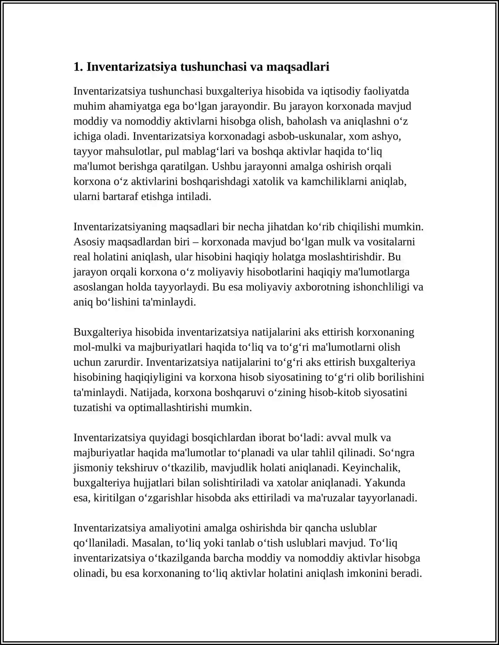 INVENTARIZATSIYA VA UNING NATIJALARINI BUXGALTERIYA HISOBIDA AKS ETTIRISH. KALKULATSIYA HAQIDA TUSHUNCHA VA UNING BUXGALTERIYA HISOBIDA QULLANILISHI 4