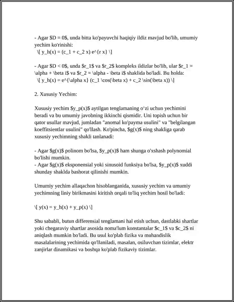 Oʻzgarmas koeffitsientli ikkinchi tartibli bir jinsli boʻlmagan differensial tenglamalar 4