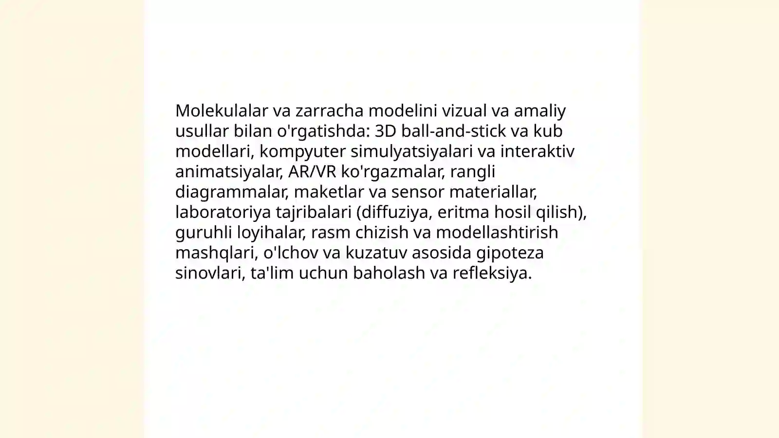 4.7-sinfda atom molekulyar ta'limot va kimyoning asosiy tushuncha, qoidalarini o'qitish metodikasi 4