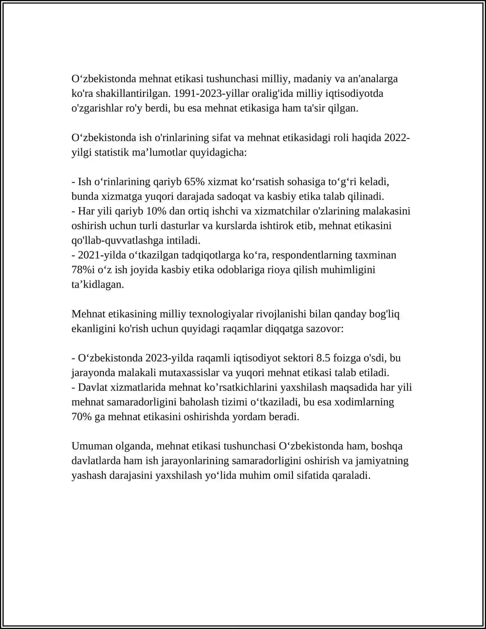 MUSTAQIL ISH Mavzu: MEHNATGA AHLOQIY MUNOSABATNI SHAKLLANTIRISH 4