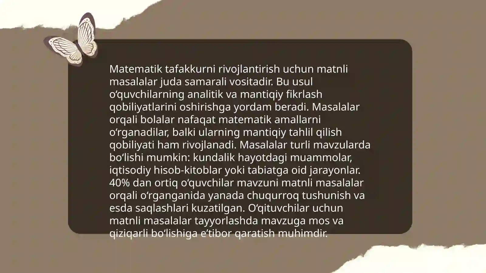 Matematikani o'qitishda masalalarni o'rni va roli, o'quvchilarni matnli masalalar yechishga o'rgatish metodikasi 4
