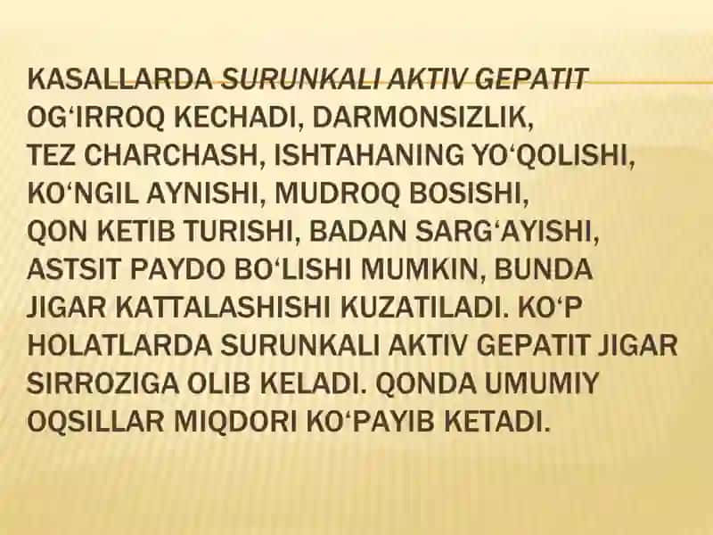 KEKSA VA QARI YOSHDAGI BEMORLARDA SURUNKALI GEPATIT,JIGAR SIRROZI,SURUNKALI GASTRIT,OSHQOZON VA O’N IKKI BARMOQLI ICHAK YARA KASALLIKLARINING O’ZIGA XOS KECHISHI VA GERIATRIK BEMORLARNI PARVARISHlashda hamshiralik jarayoni 4