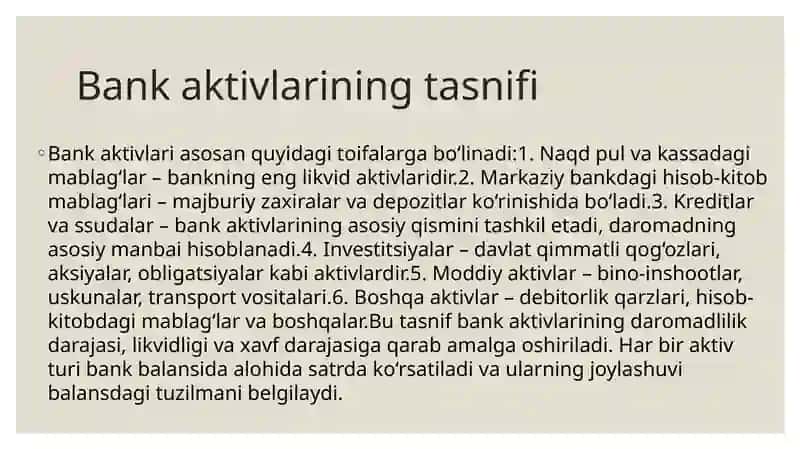 Bank aktivlari tarkibi va ularni balansda joylashishi 4