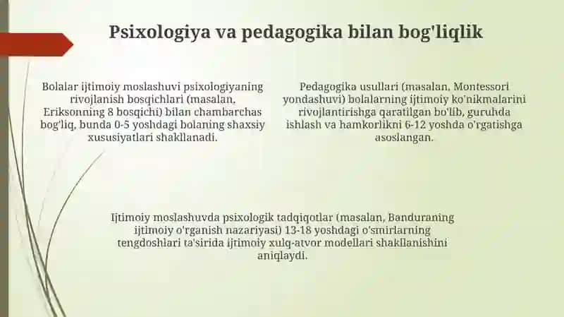 Bolalarning ijtimoiy moslashuvi fanining boshqa fanlar bilan aloqasi 4