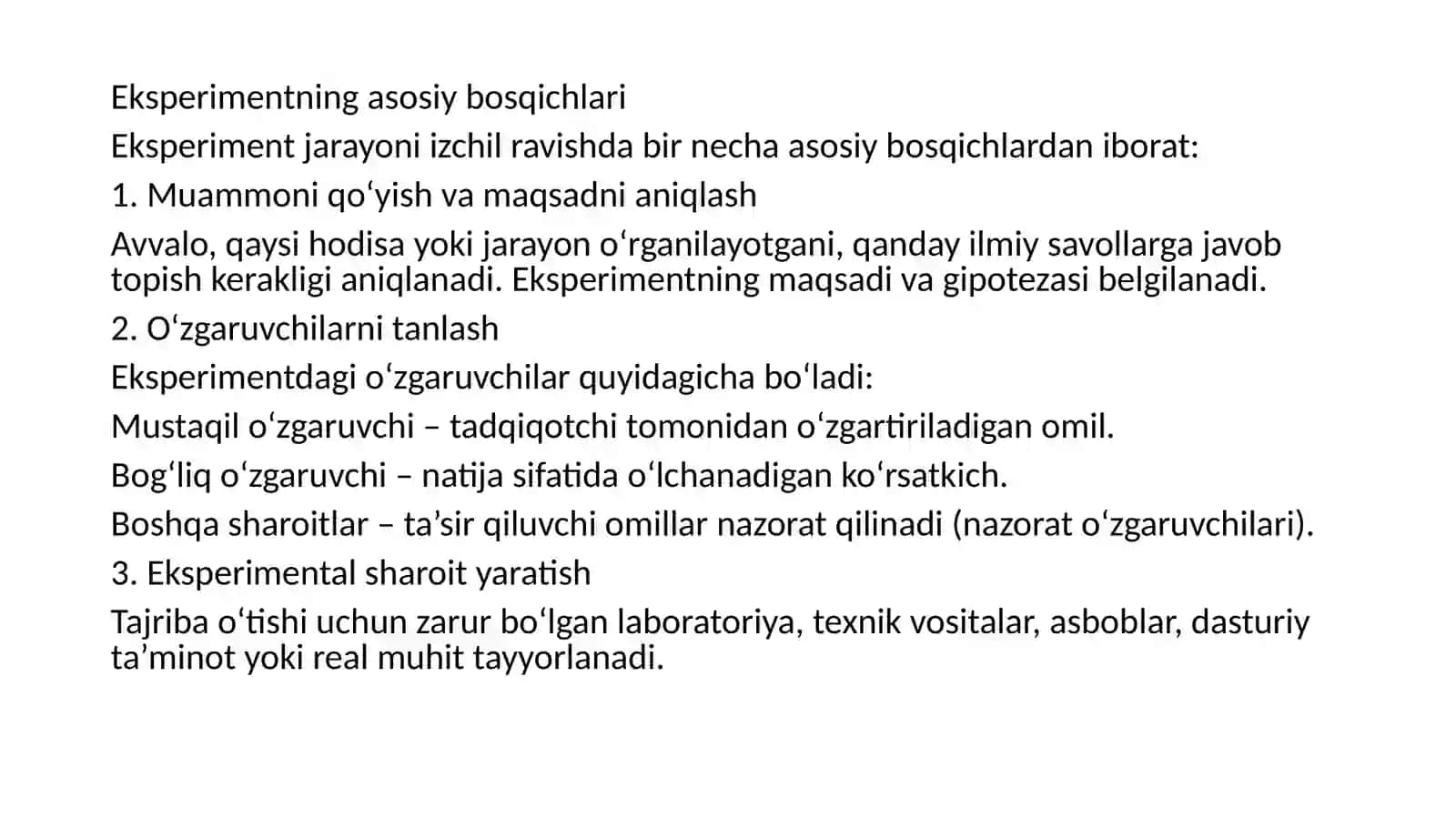 Eksperiment tushunchasi, bosqichlari va uni rejalashtirish 4