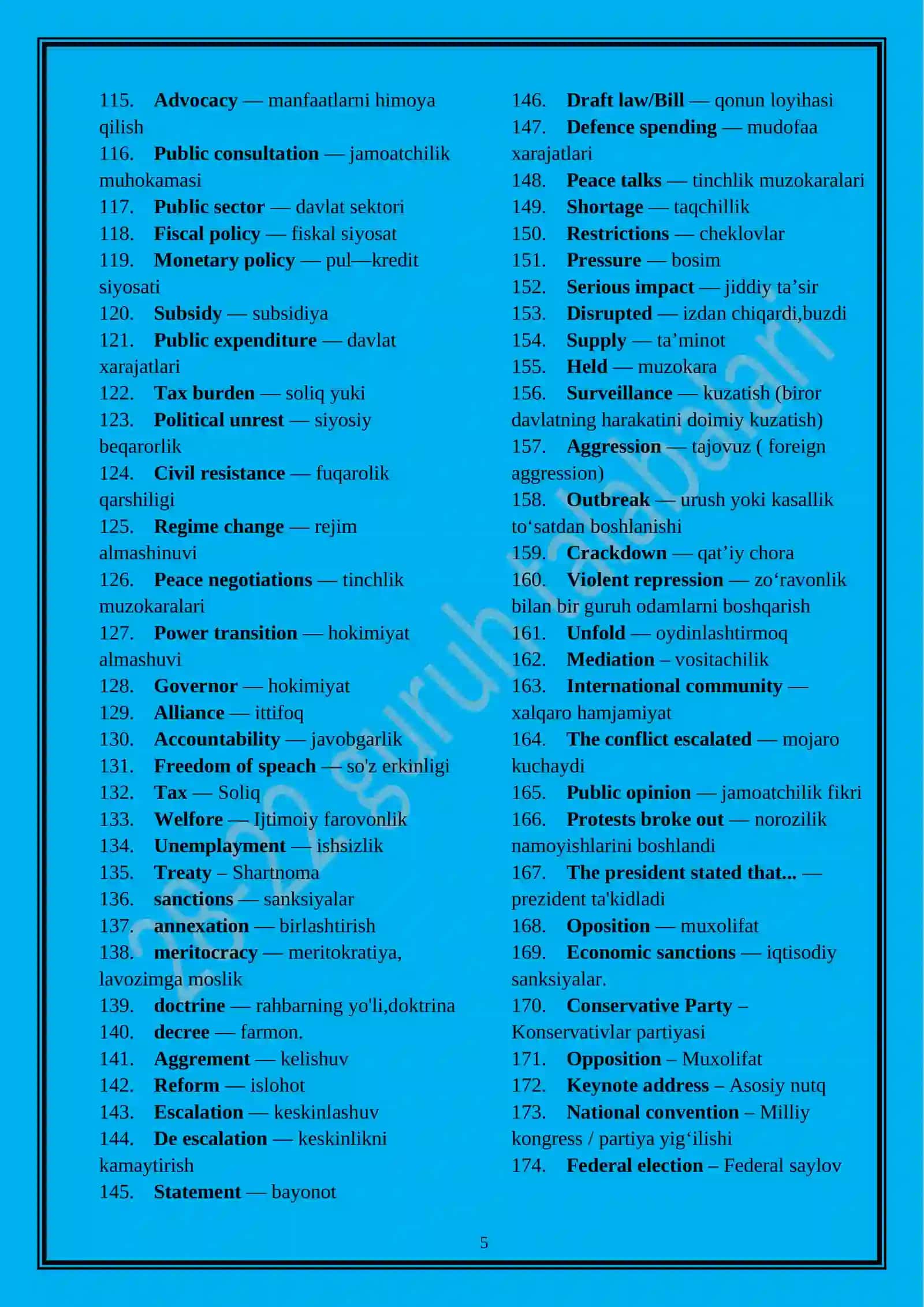 Political science dictionary. Siyosatshunoslik lug'at. Ingilizcha-o’zbekcha siyosiy so’zlar lug’ati 4
