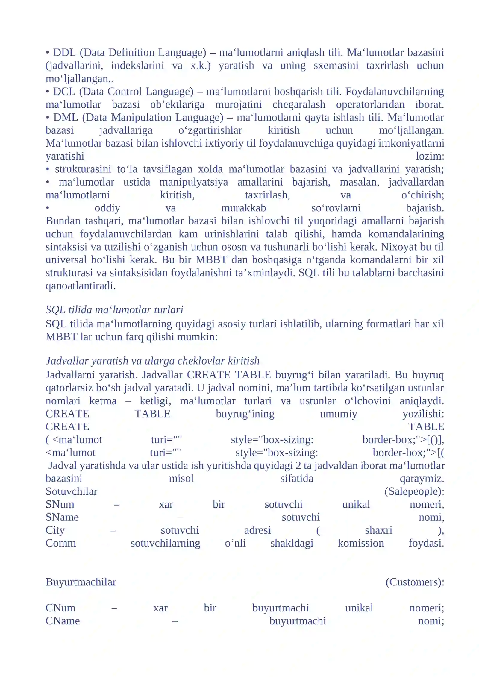 SQL TILIDA MALUMOTLARNI TAVSIFLASH 4