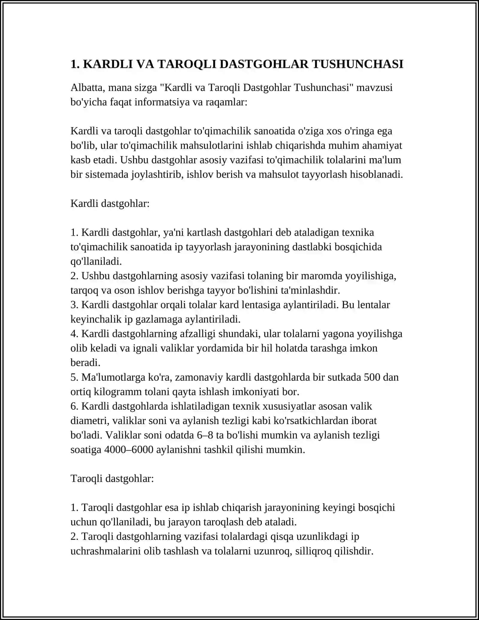 KARDLI VA TAROQLI QAYTA TARASH DASTGOHLARIDA О‘TIMLAR BО‘YICHA TOLA UZUNLIGI, QALINLIGI, MUSTAHKAMLIGINI О‘ZGARISHINI TAHLILI 4