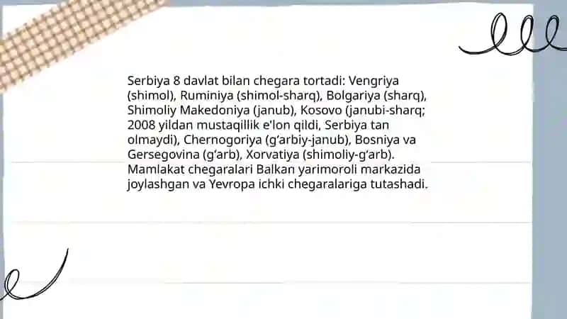 Serbia va Shimoliy Makedoniya mamlakatlari geografik oʻrni chegaralari Yalpi Ichki Mahsuloti Aholisi 4