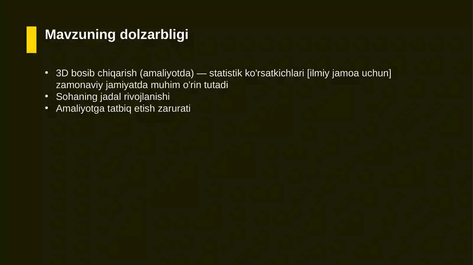 3D bosib chiqarish (amaliyotda) — statistik ko'rsatkichlari [ilmiy jamoa uchun] 4