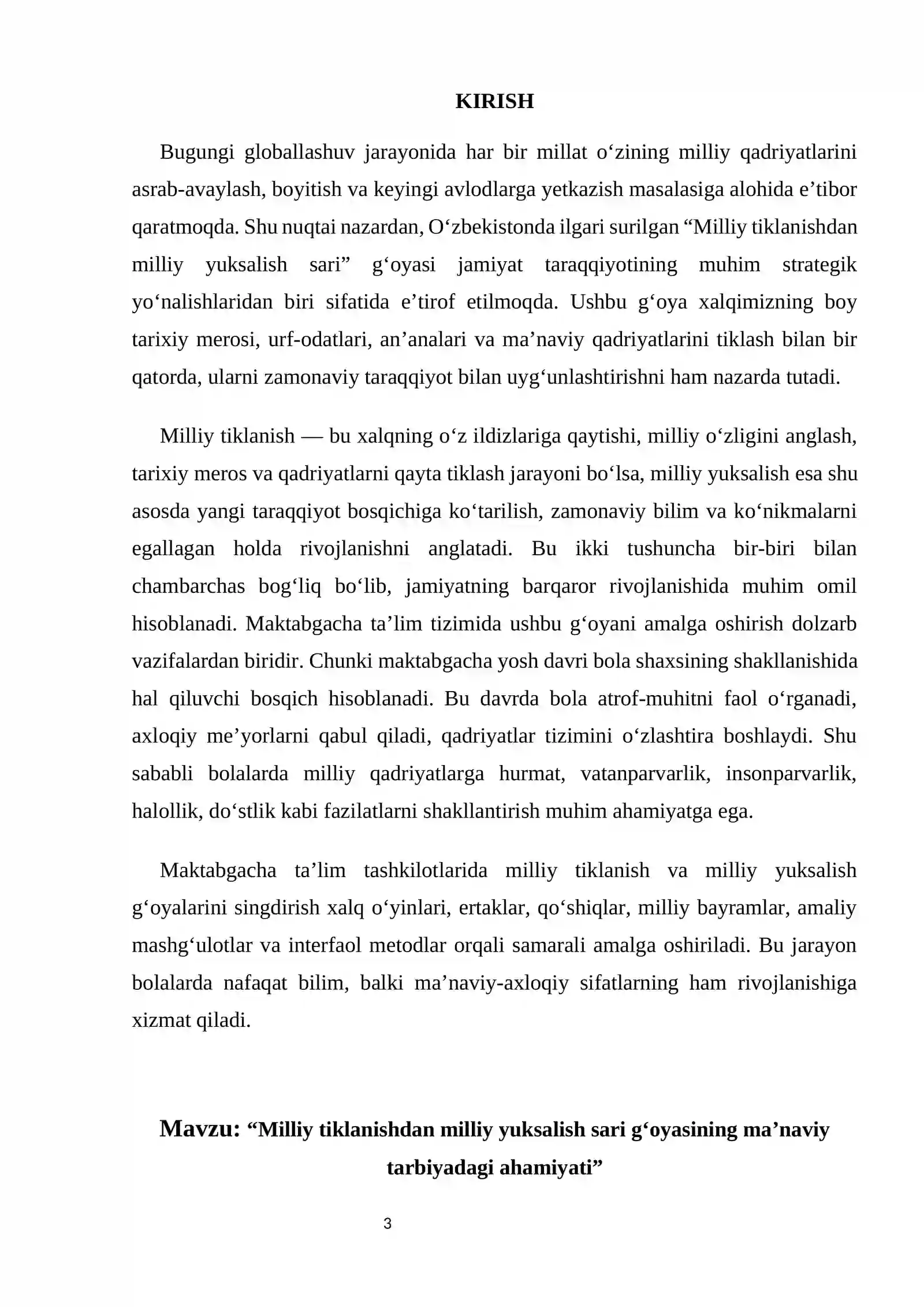 "Milliy tiklanishdan milliy yuksalish sari g‘oyasining ma’naviy tarbiyadagi ahamiyati" mavzusidagi MALAKA ISHI 4