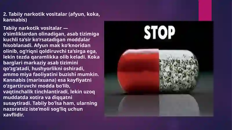 Tabiiy va sintetik narkotik vositalar. Foydasi va zarari 4