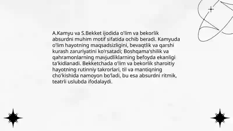 A.Kamyu va S.Bekketlar ijodida absurd g'oyasining namoyon bo'lishi 4