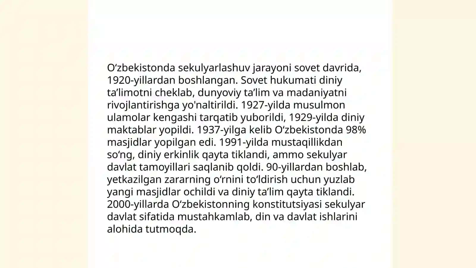 Sekulyarlashuv jarayoni. O`zbekistonning davvlat sifatida shakillanishida din omili 4