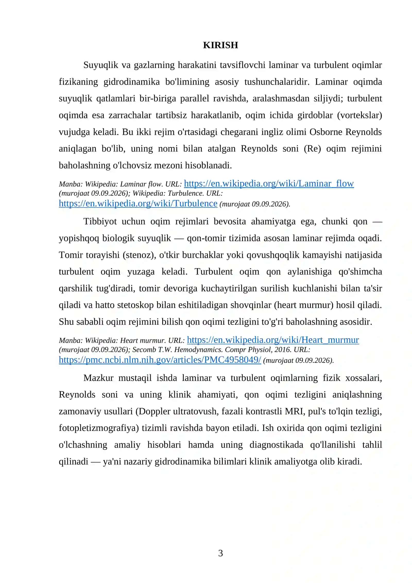 MUSTAQIL ISH LAMINAR VA TURBULENT OQIMLARNING TIBBIYOTDAGI AHAMIYATI. QON OQIMI TEZLIGINI ANIQLASH 4