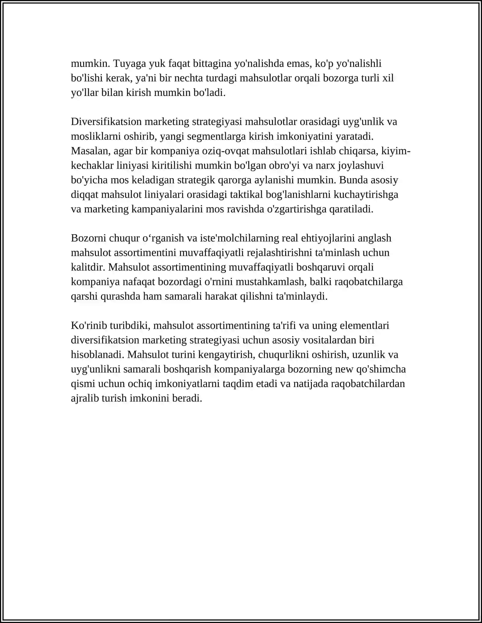MAHSULOT ASSORTIMENTI VA NOMENKLATURASI. DIVERSIFIKATSION MARKETING 4