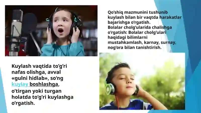 BOLALARNI ASHULA AYTISH, MUSIQA TINGLASH ASBOBLARINI SHALISHNI O’RGATISH USULLARI MT 403-GURUH 4