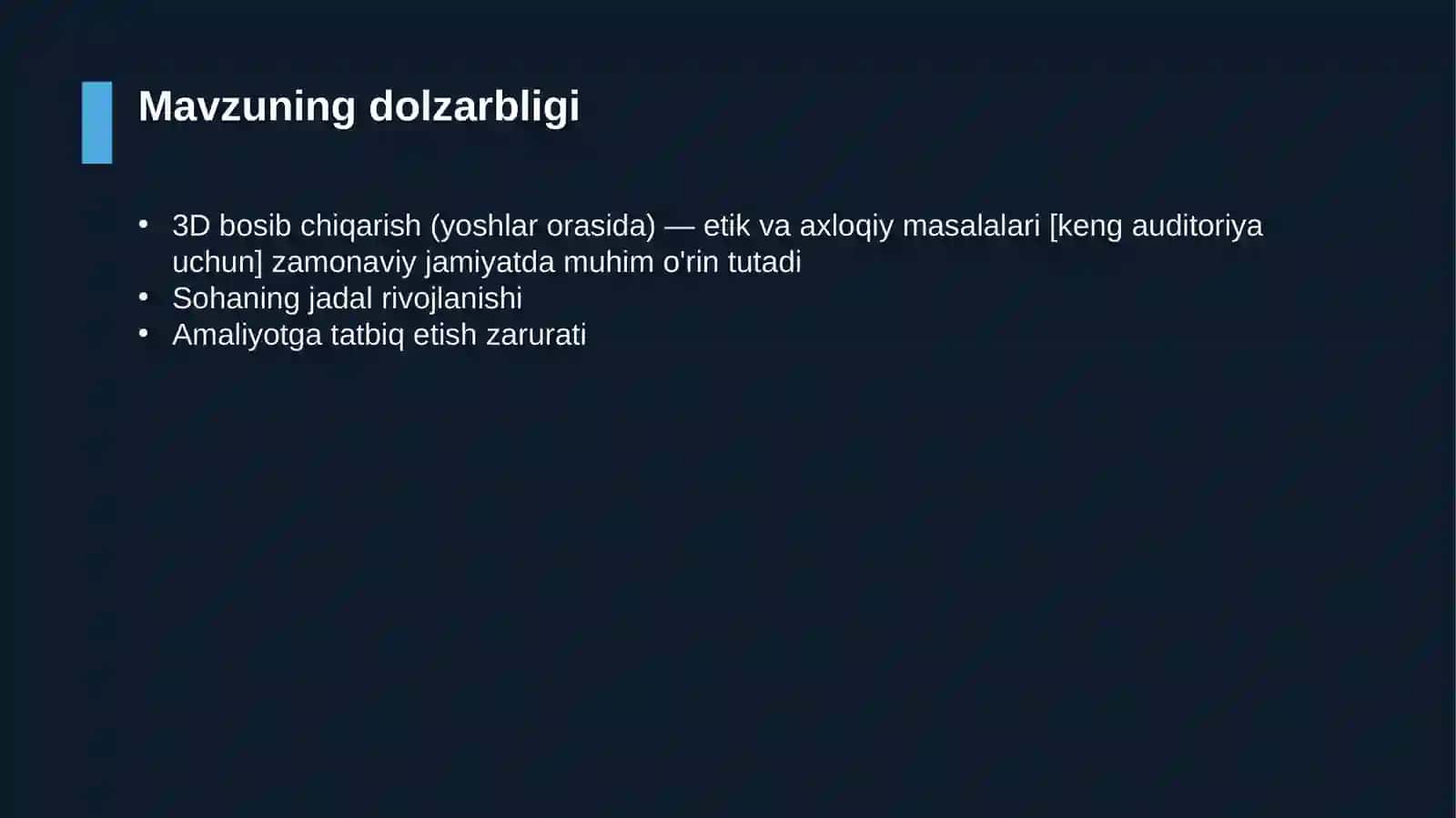 3D bosib chiqarish (yoshlar orasida) — etik va axloqiy masalalari [keng auditoriya uchun] 4