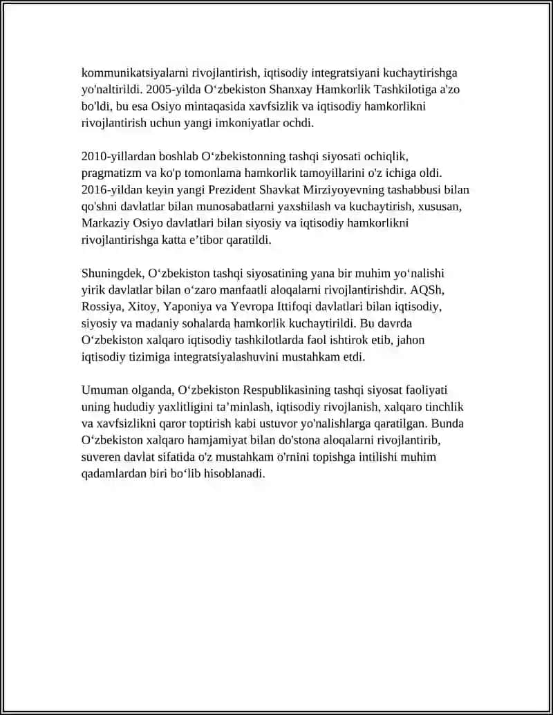 O'ZBEKISTON RESPUBLIKASI TASHQI SIYOSAT FAOLIYATI SHAKLLANISHI VA USTIVORLIGI 4