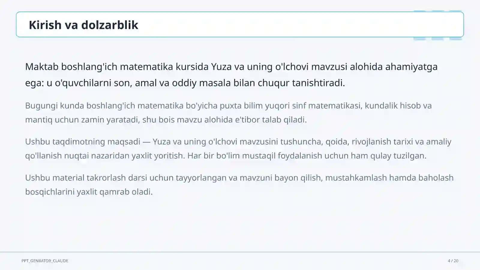 Yuza va uning o'lchovi (3-sinf) 4