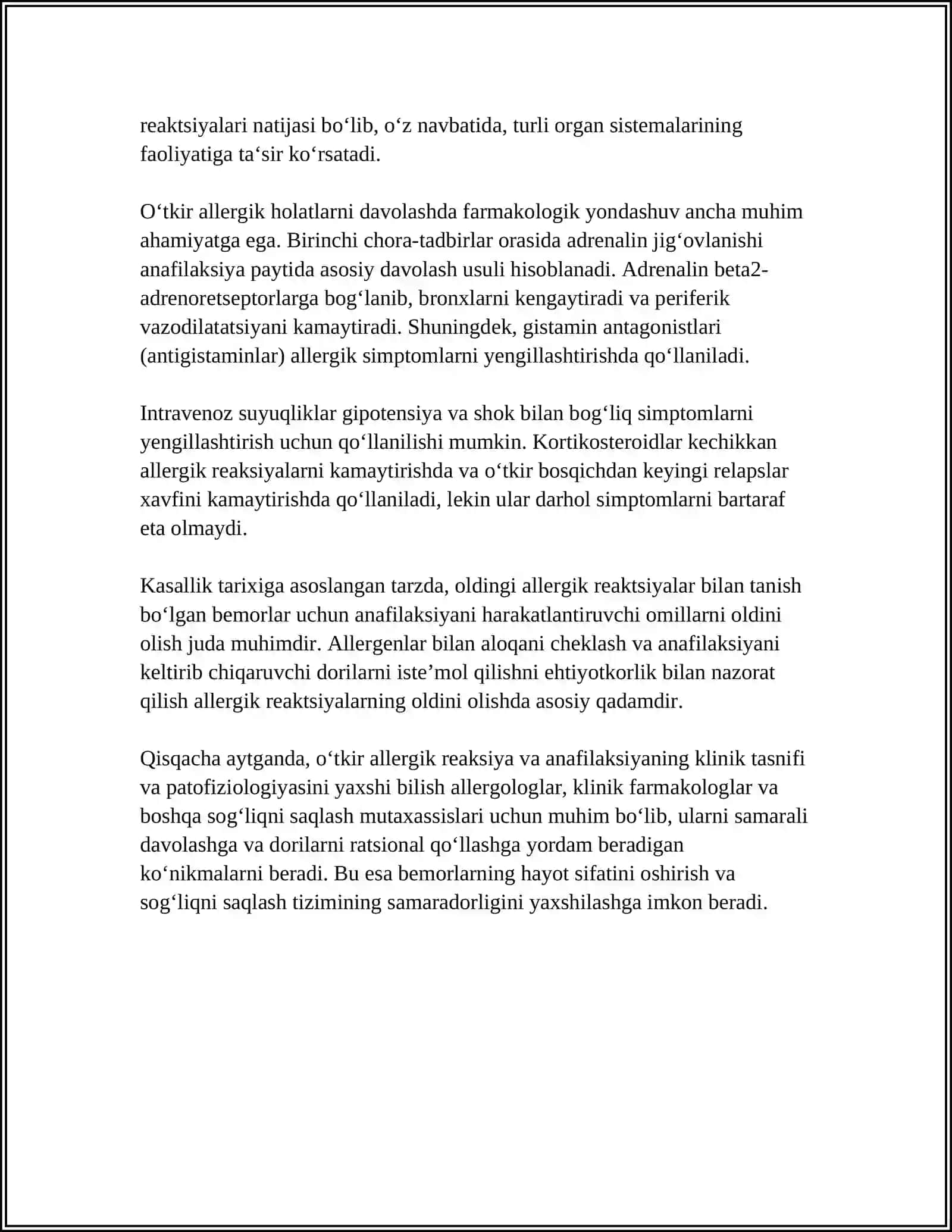 O'TKIR ALERGIYA HOLATLARIDA DORI VOSITALARINI RATSIONAL QOLASHGA KLINIK. FARMAKOLOGIK YONDASHUV 4