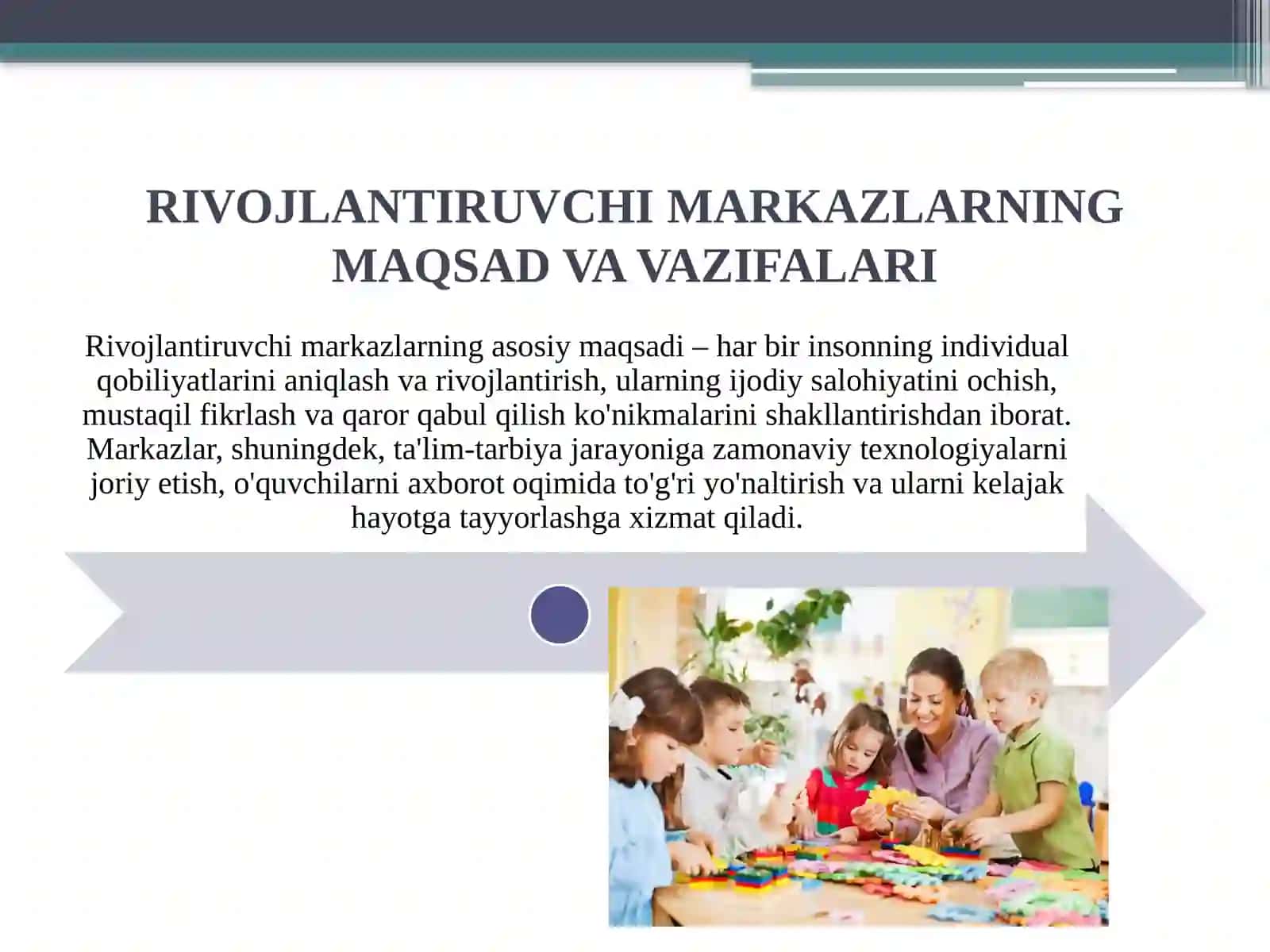 Rivojlantiruvchi markazlarni tashkil etish va jihozlash 5 ta markaz ishtirokida 4
