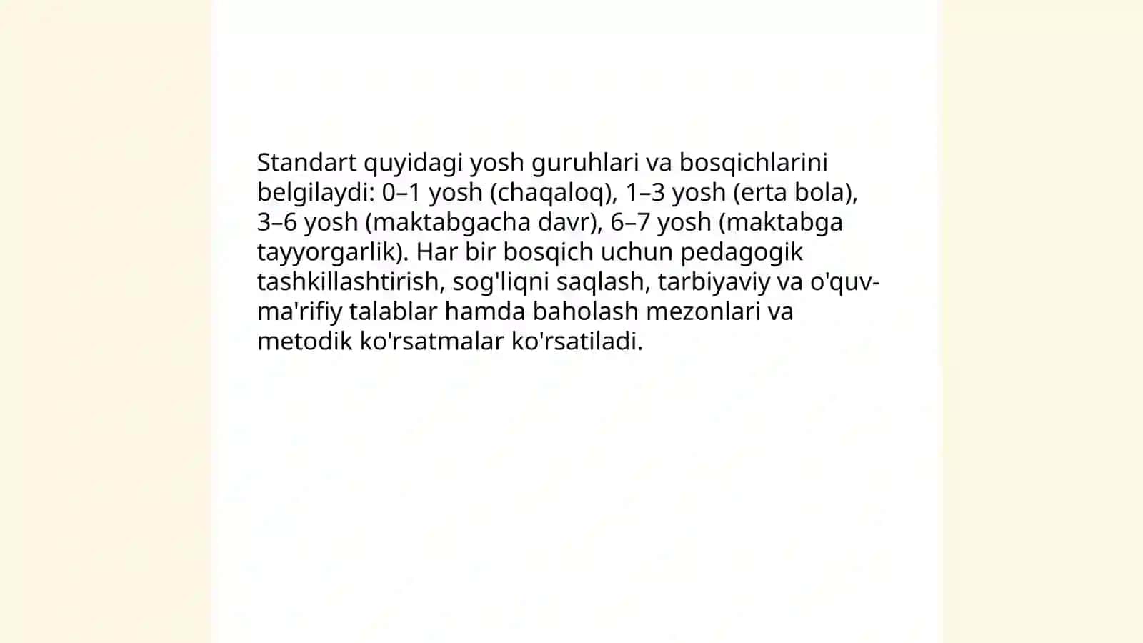 Oʻzbekiston respublikasining ilk va maktabgacha yoshdagi bolalar rivojlanishiga qoʻyilgan davlat standarti 4
