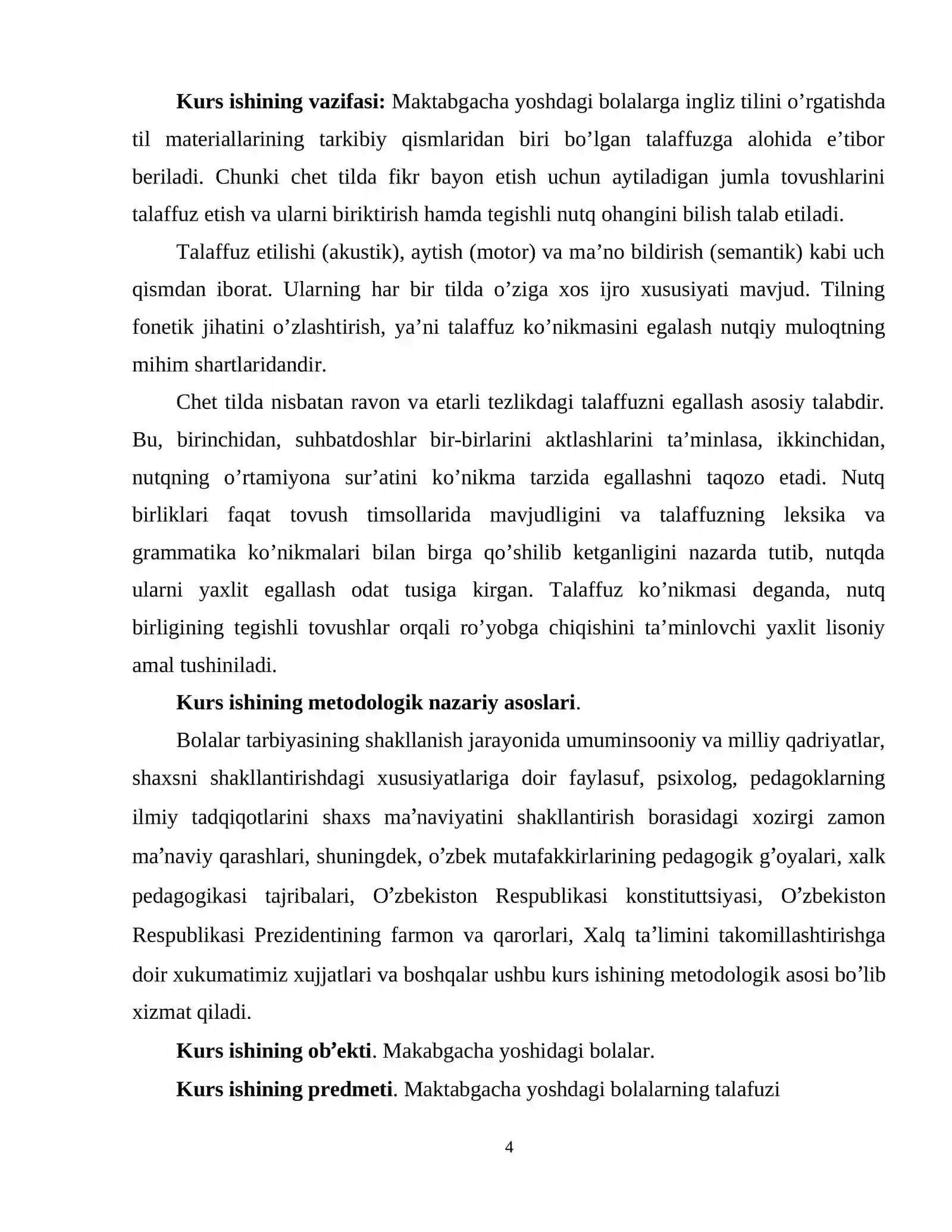"MAKTABGACHA YOSHDAGI BOLALARGA INGLIZ TILIDAN TALAFFUZGA O’RGATISH" KURS ISHI 4
