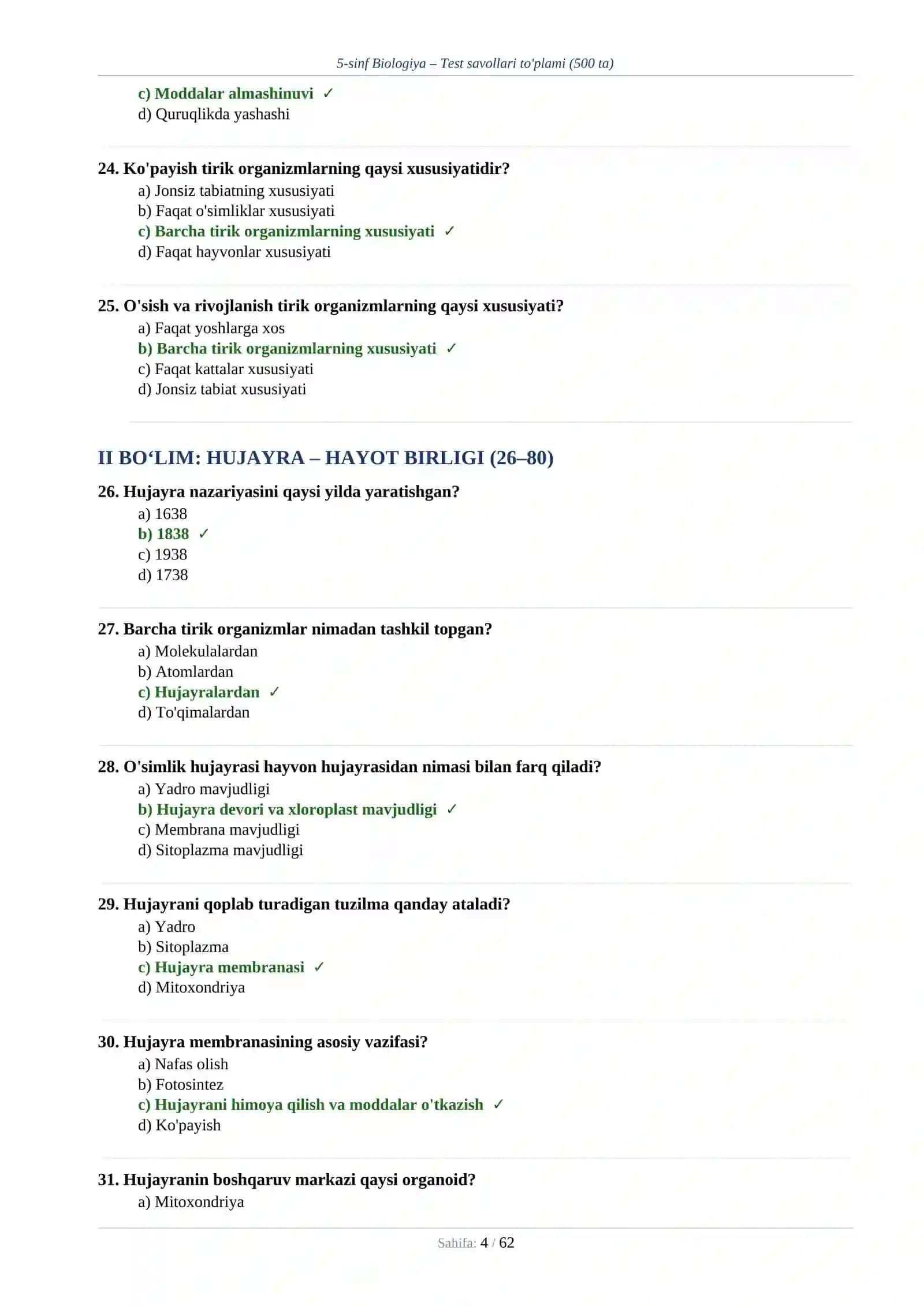 5-sinf Biologiya – Test savollari to'plami (500 ta) 4