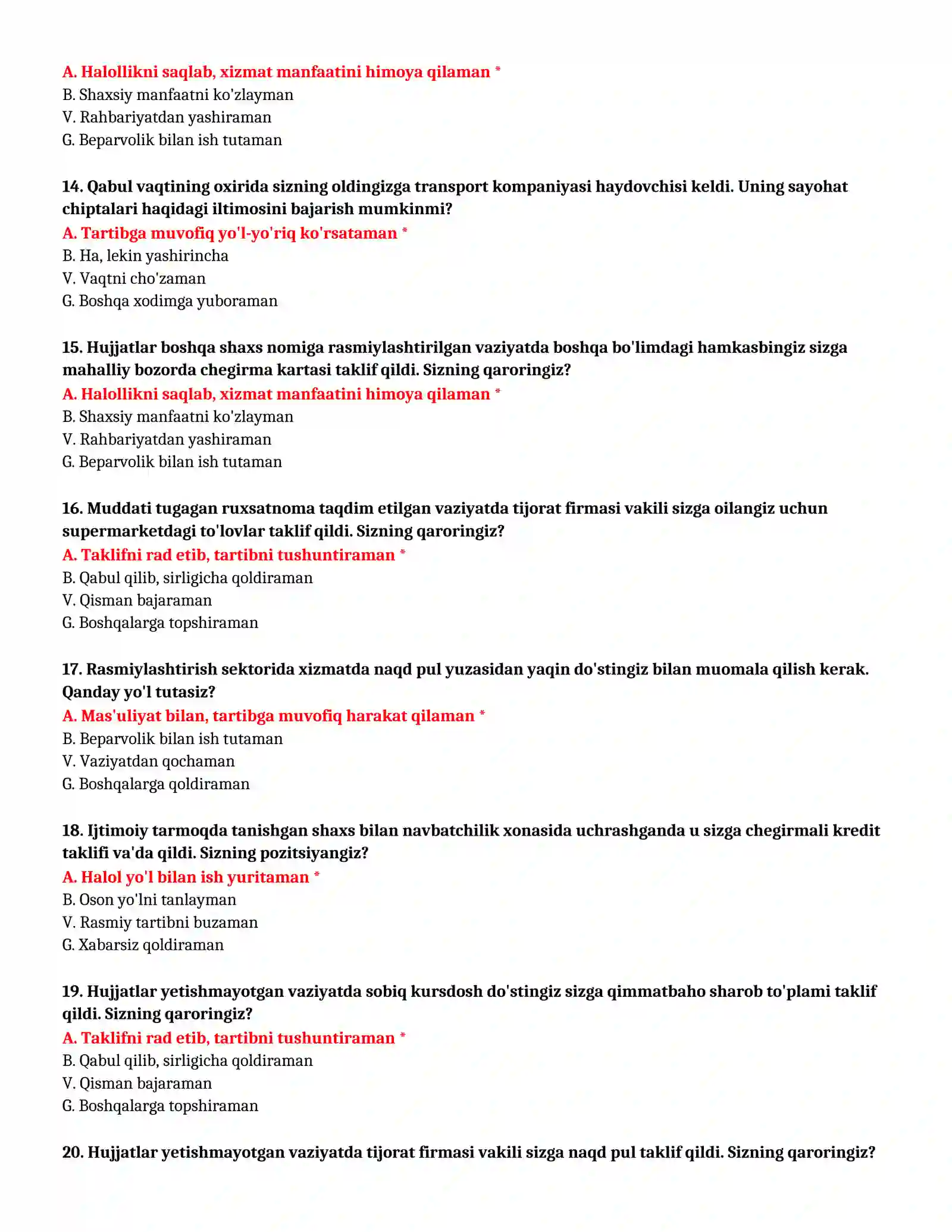 BOJXONA AKADEMIYASI - KASBIY TANLOV TEST SAVOLLARI (№ 19) 4