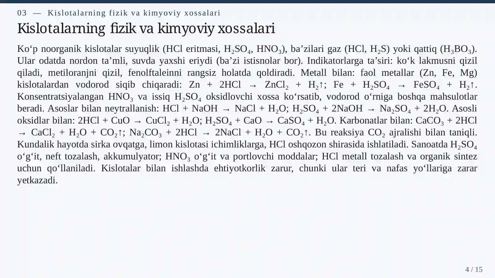 KISLOTALAR, ASOSLAR VA TUZLAR: XOSSALARI, REAKSIYALARI VA AMALIY AHAMIYATI 4